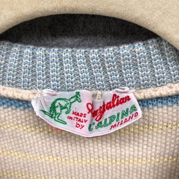 Vintage Sweater Vest Womens M Kangaroo Embroidered V-Neck Cream Blue Striped - Picture 5 of 7